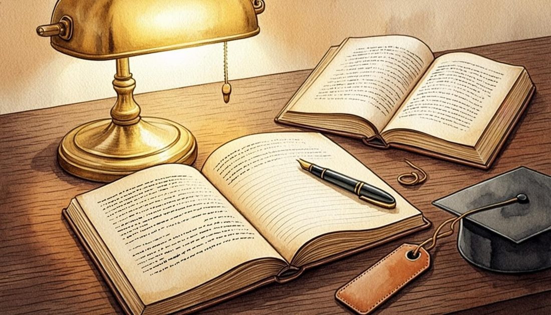 第四章插画 · 摊开的笔记、台灯与一顶小小的博士帽